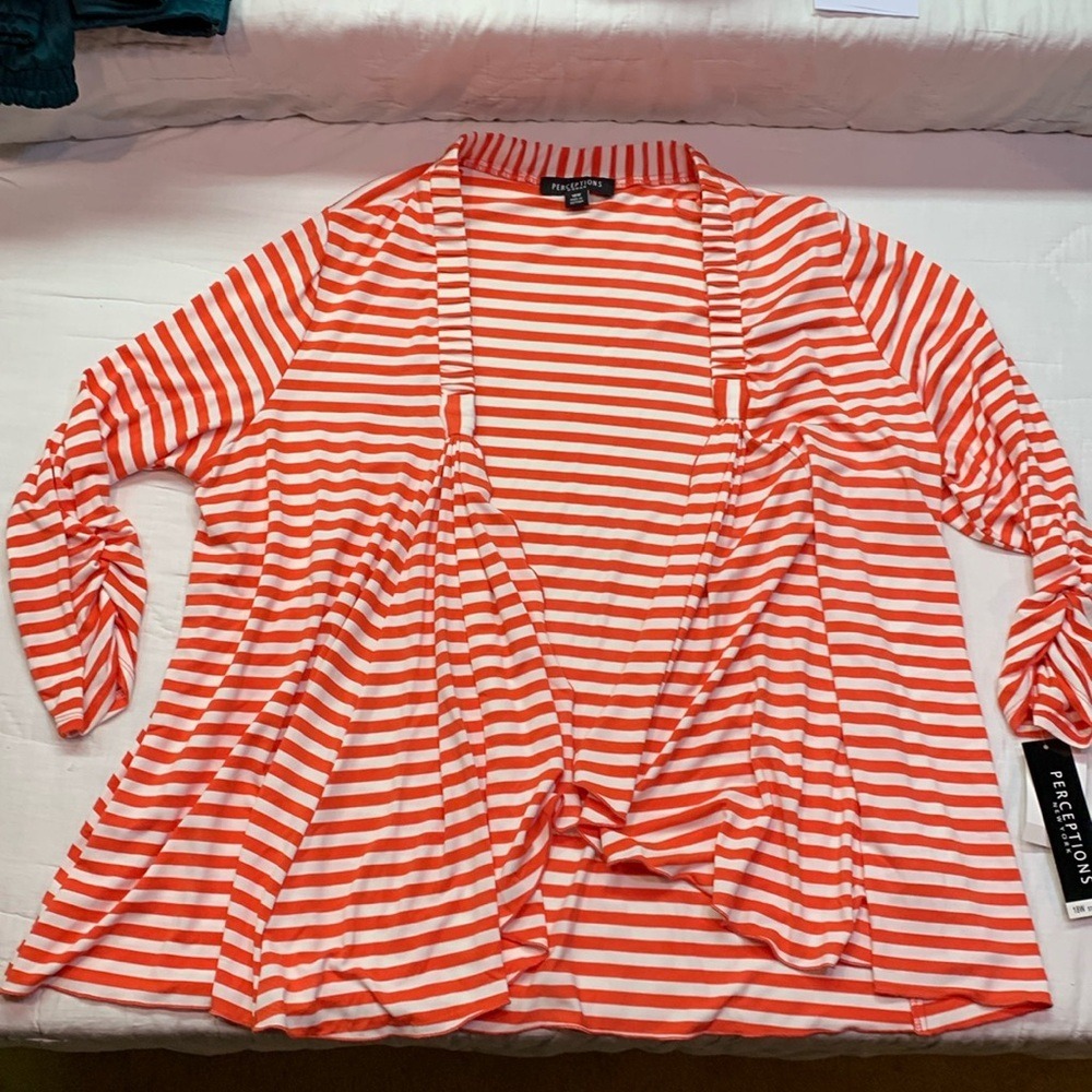 Perceptions Woman Orange White Striped Open Front Ruched Sleeve Cardigan 18W NEW